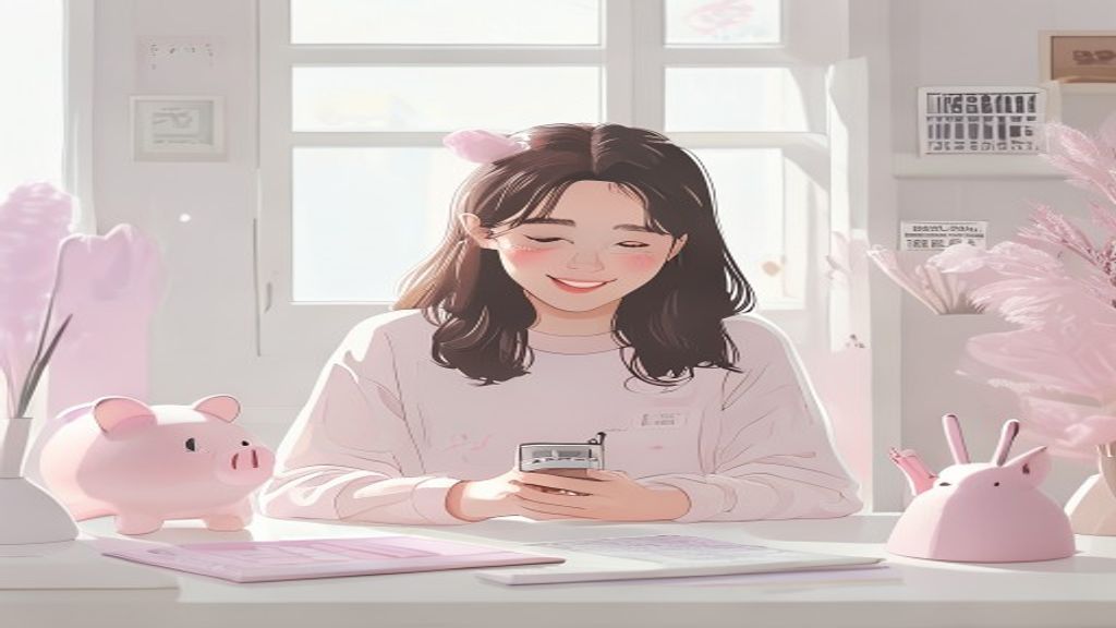 スマホで投資アプリを見ながら推し活グッズに囲まれて微笑む20代女性のイラスト